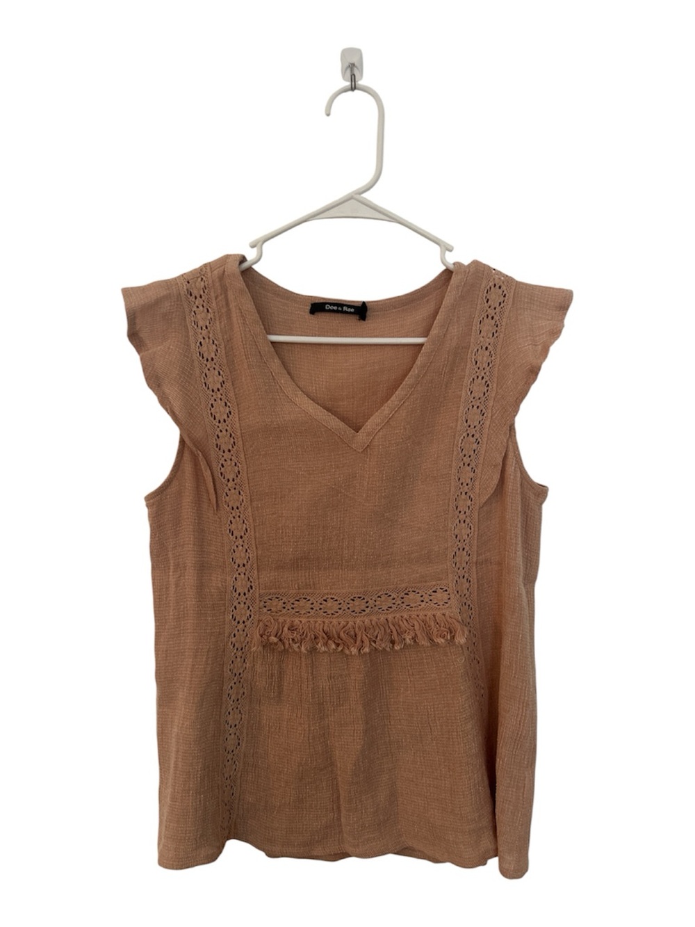 Doe & Rae Blush Crochet-Trim Sleeveless Top with Tassels